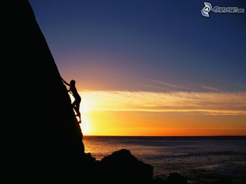 climber, sunset over the sea, rock, mountain, climbing
