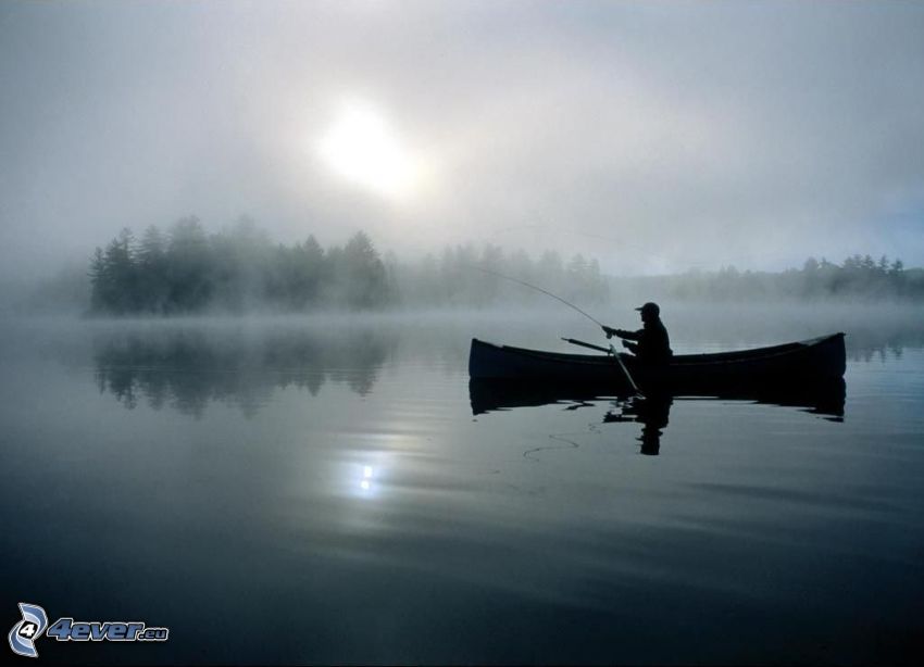 fisherman at sunset, boat, lake, water, clouds, weak sun