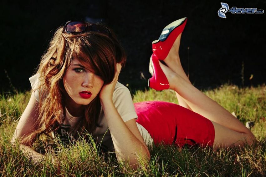 girl in the grass, reddish girl