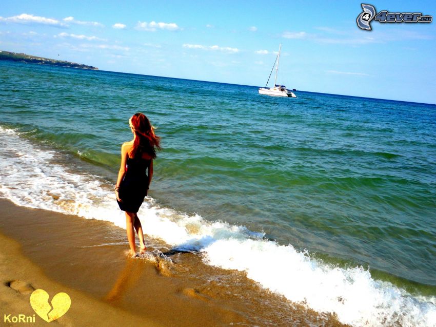 girl on the beach, coast, sea, yacht
