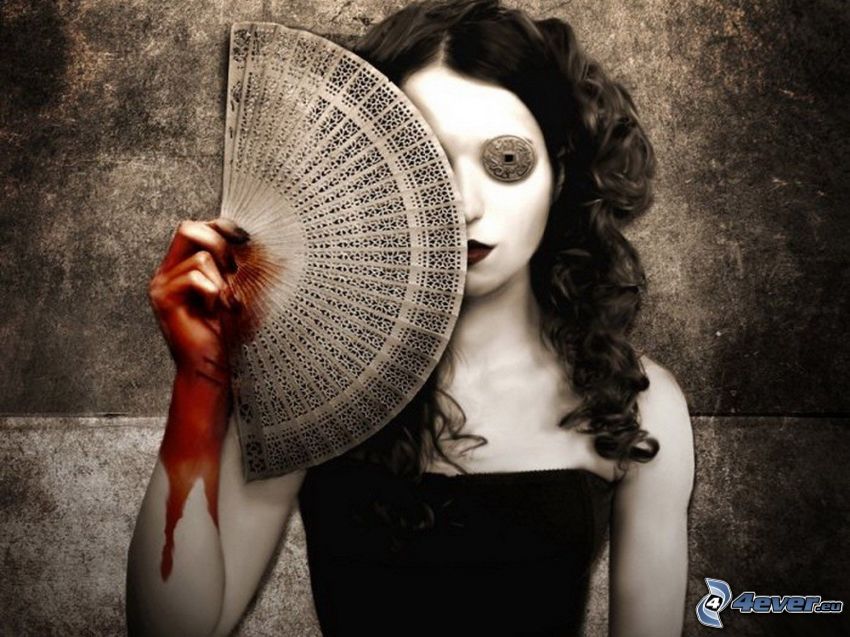 gothic girl, chinese fan, bloody hand