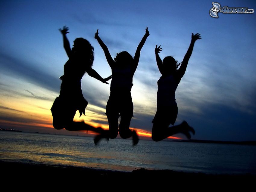 happy jumping, girls, sea