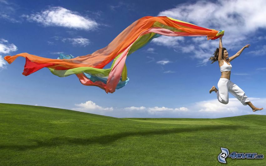 happy jumping, veil, green meadow