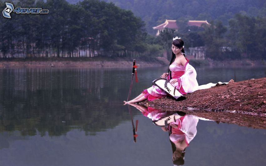 japanese women, lake