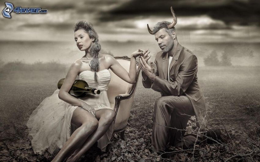 man and woman, horns, bottle, sepia