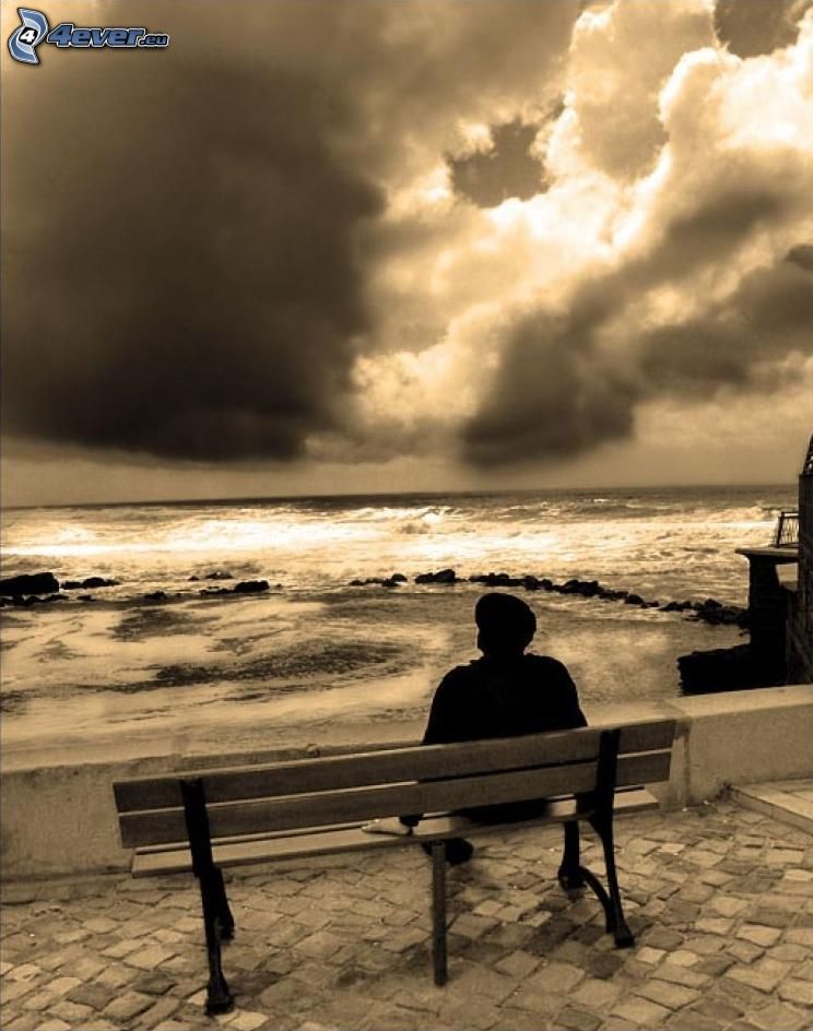 man on the bench, loneliness, rest, waves