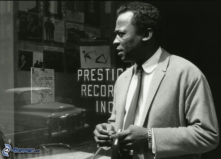Miles Davis, black and white photo