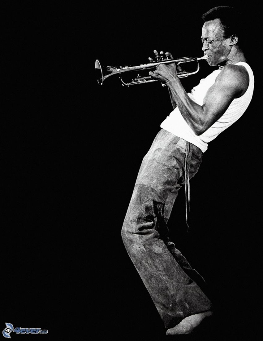 Miles Davis, trumpet playing, black and white photo
