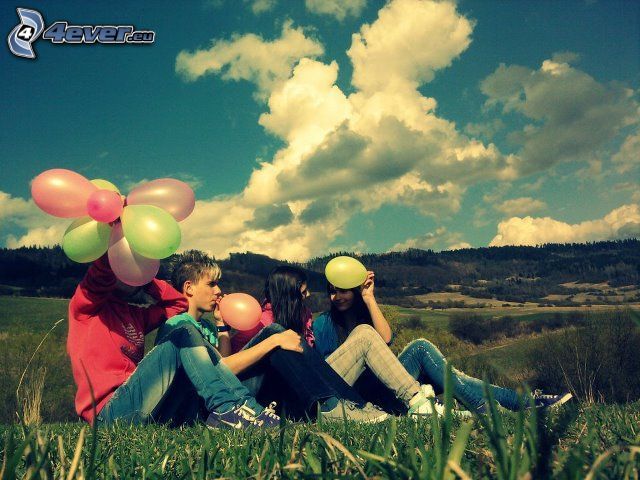 people, balloons, hills, sky, clouds