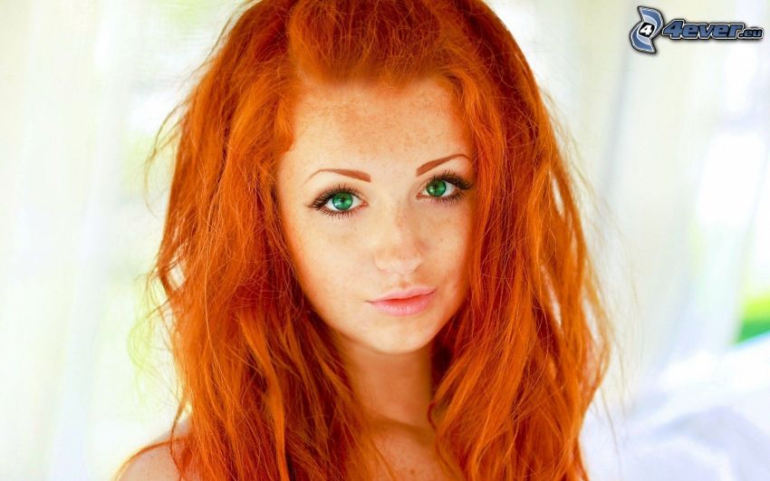 reddish girl, green eyes, freckles