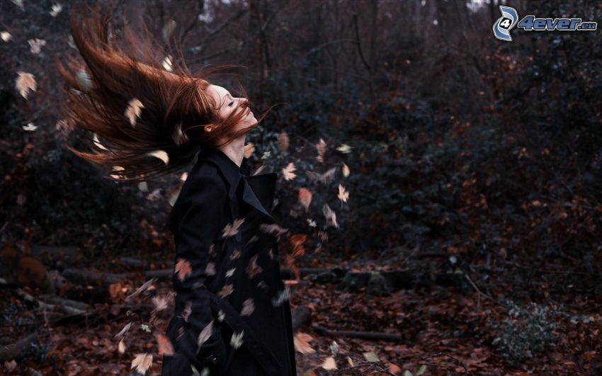 redhead, flying hair, leaves, forest