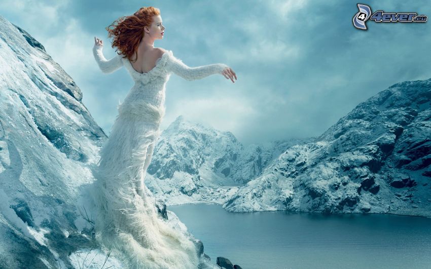 redhead, white dress, snowy hills, lake