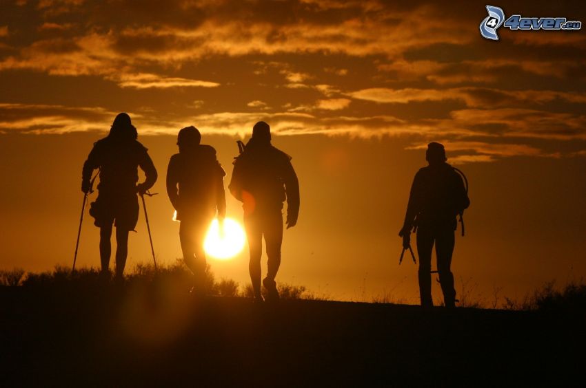 tourists, silhouettes of people, orange sunset, adventure, Tasmania