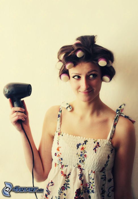 woman, hairdryer, curlers, white dress