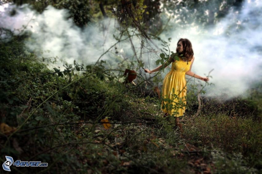woman, yellow dress, smoke, greenery