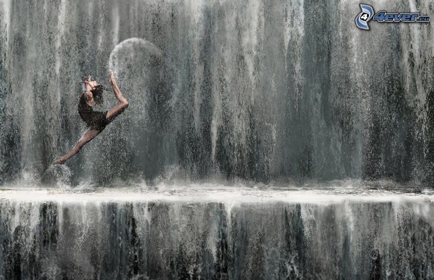 ballerina, jump, waterfall