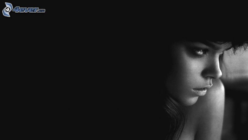 beautiful woman's face, black and white photo