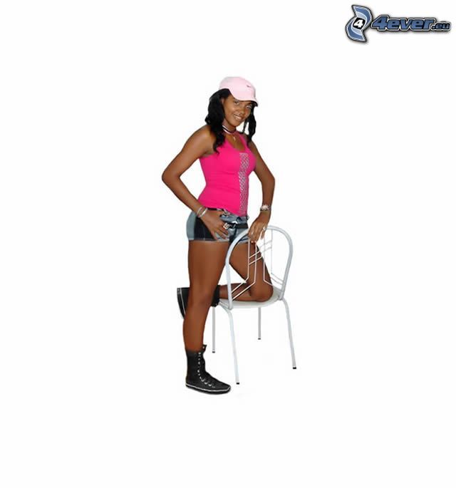 black woman, cap, chair