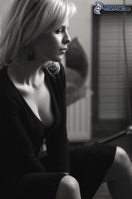 blonde, black and white photo