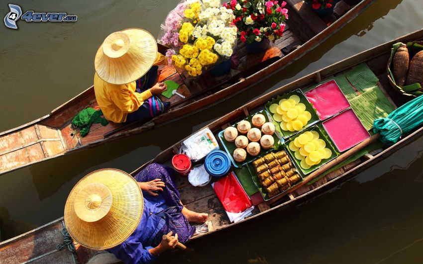 boats, chineses, flowers