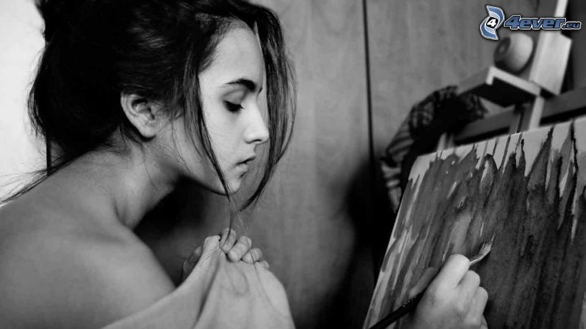 brunette, brush, canvas, black and white photo