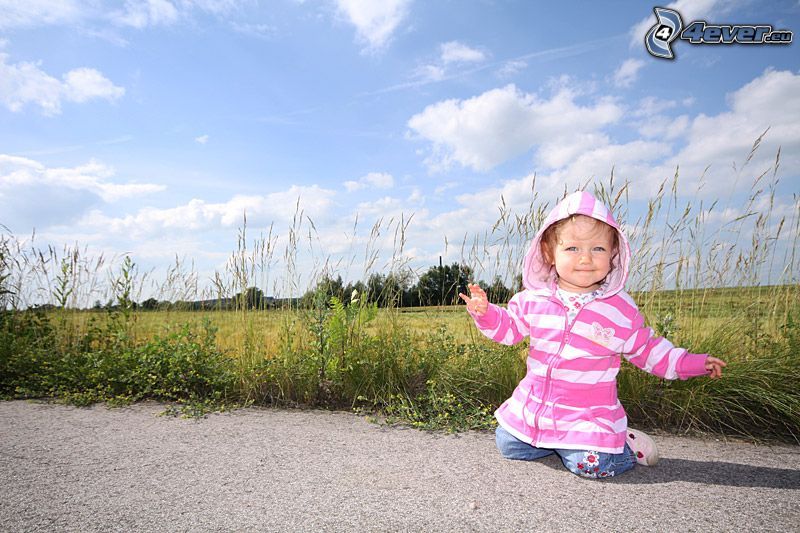 baby, grass, road, meadow, field, clouds