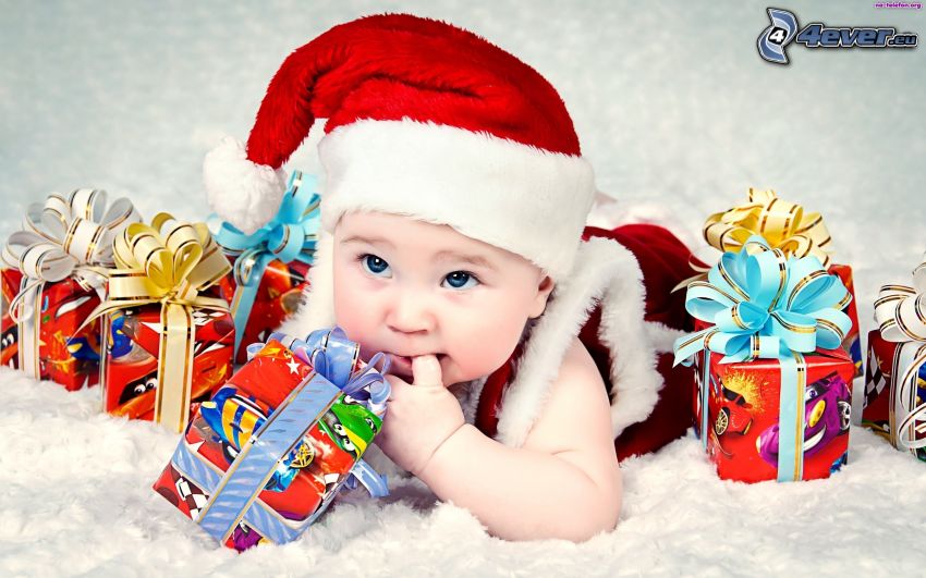 baby, Santa Claus hat, gifts