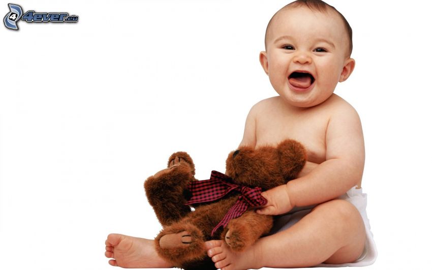 baby, teddy bear, laughter