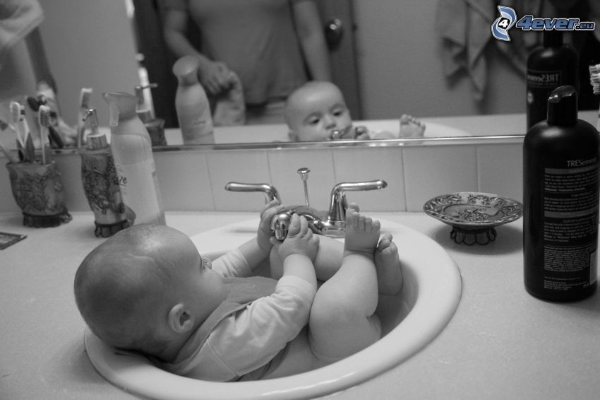 baby, wash basin, black and white photo