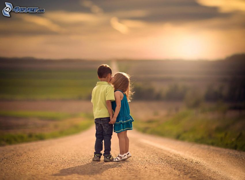 children, couple, kiss, road, sunset