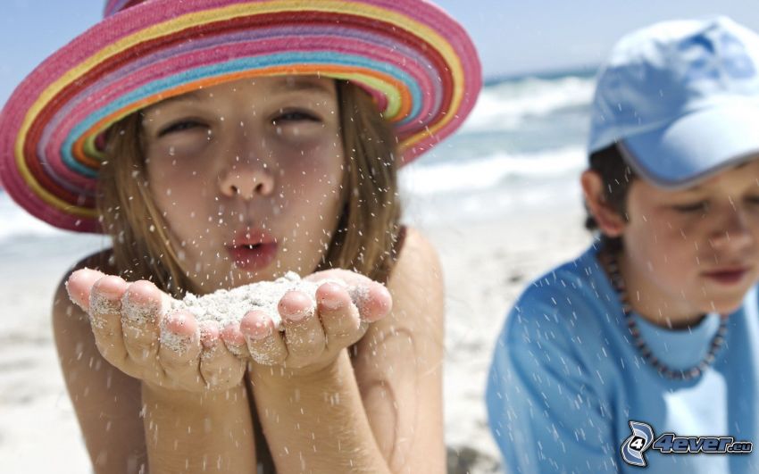 children, sand, a girl with a hat