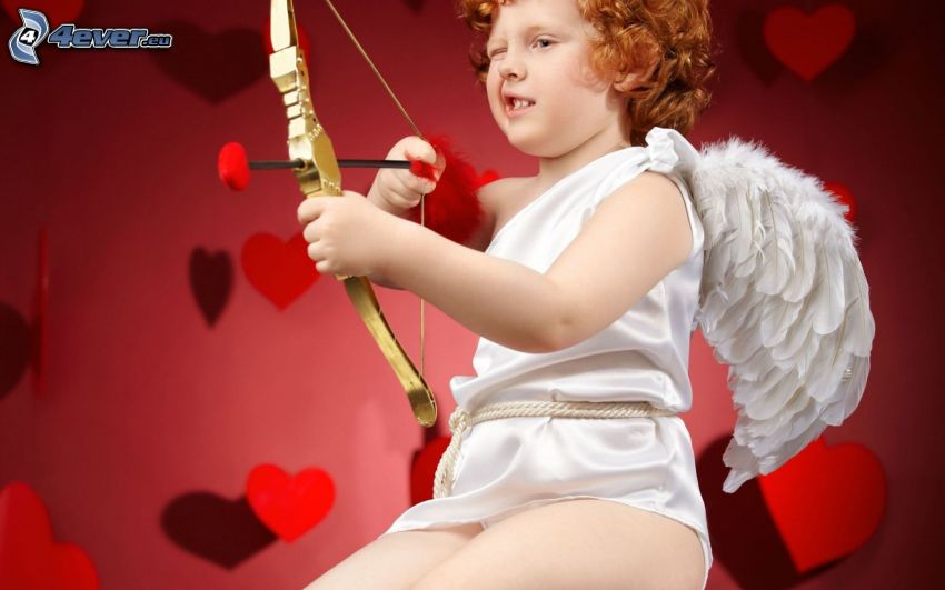 Cupid, bow, little boy, hearts