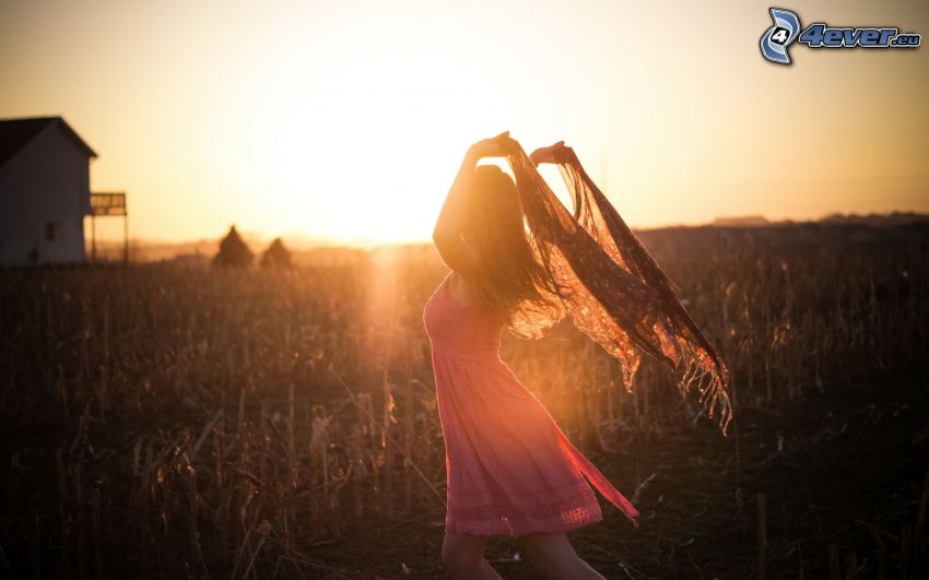 girl, pink dress, sun, corn field