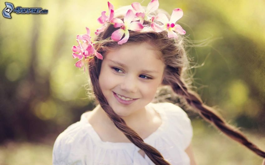 girl, pink flowers, smile
