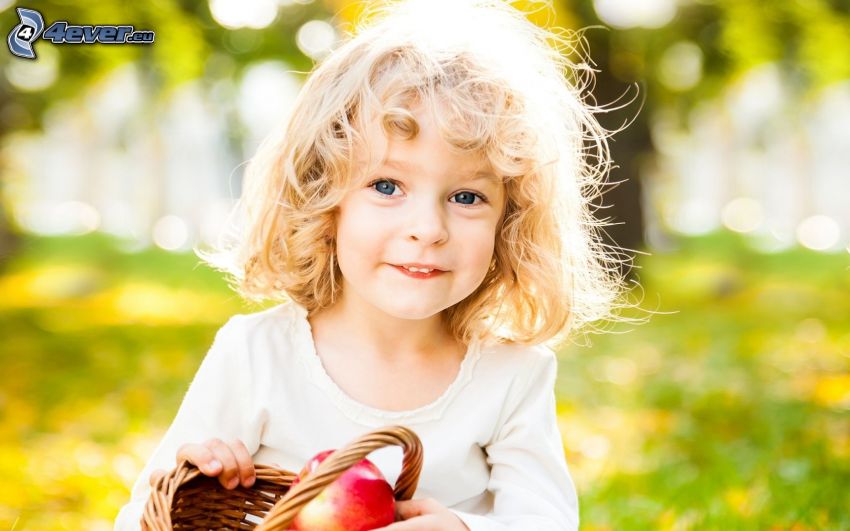 girl, red apple, basket