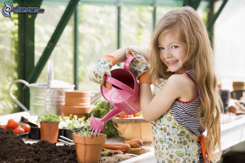 girl, smile, watering-can, flowerpot