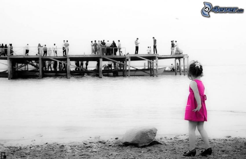 girl, stone beach, sea, people, pier