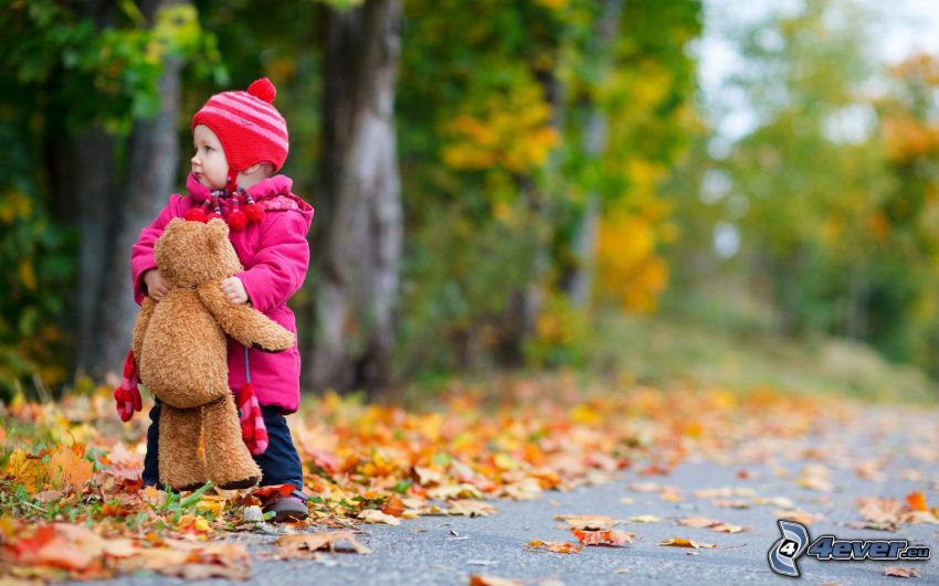 girl with teddy-bear, baby, colorful leaves