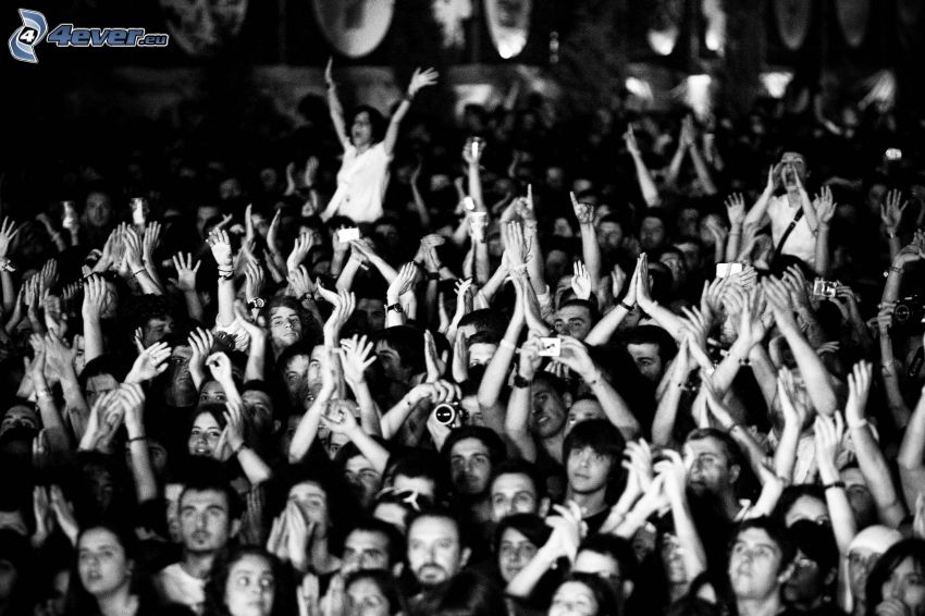 crowd, hands, black and white photo