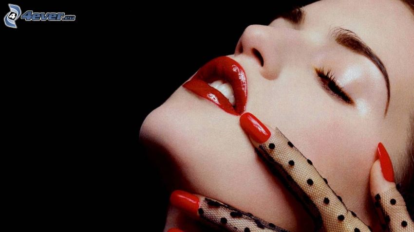 face, red lips, painted nails