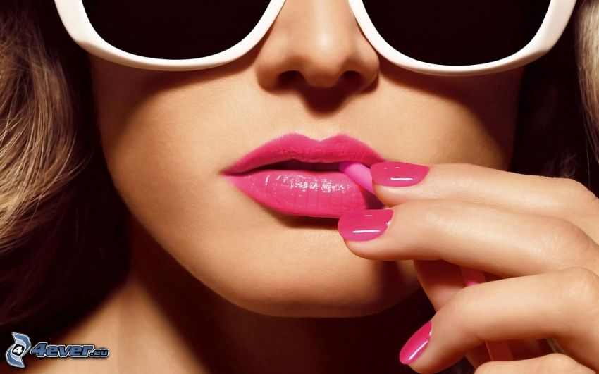 face, sunglasses, painted lips, painted nails, lollipop