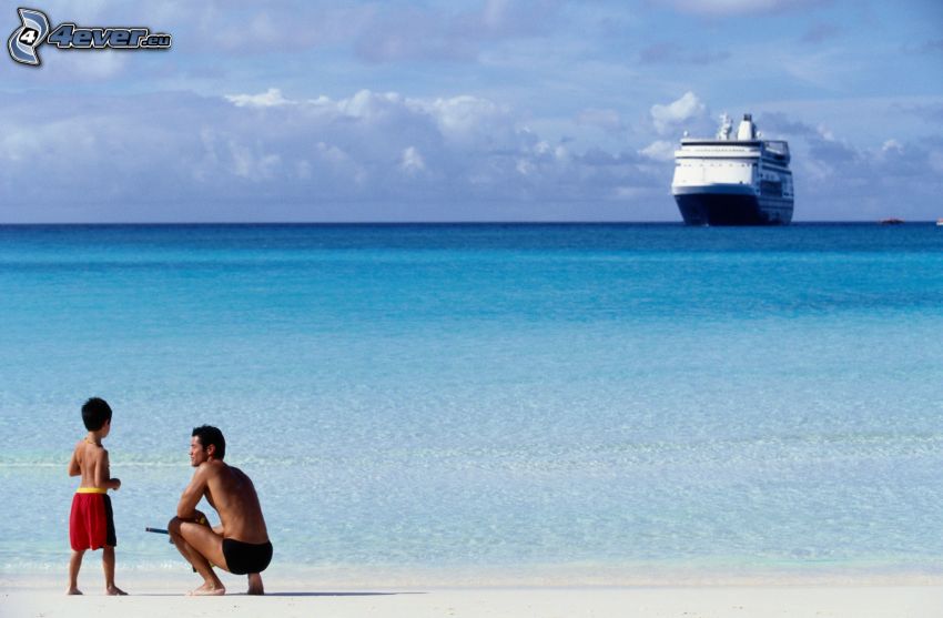 father, boy, cruise ship, azure sea, sandy beach