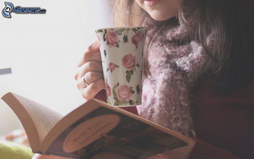 girl with a book, cup