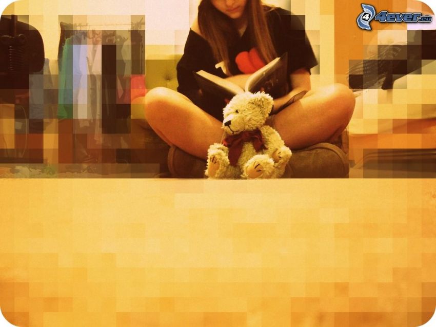 girl with a book, girl with plush, teddy bear