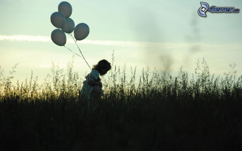 girl with balloons, grass, meadow