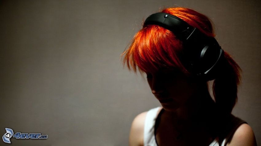 girl with headphones, redhead