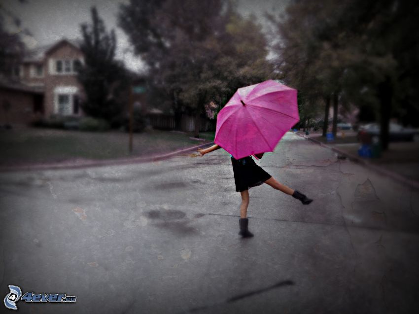 girl with umbrella, road, street