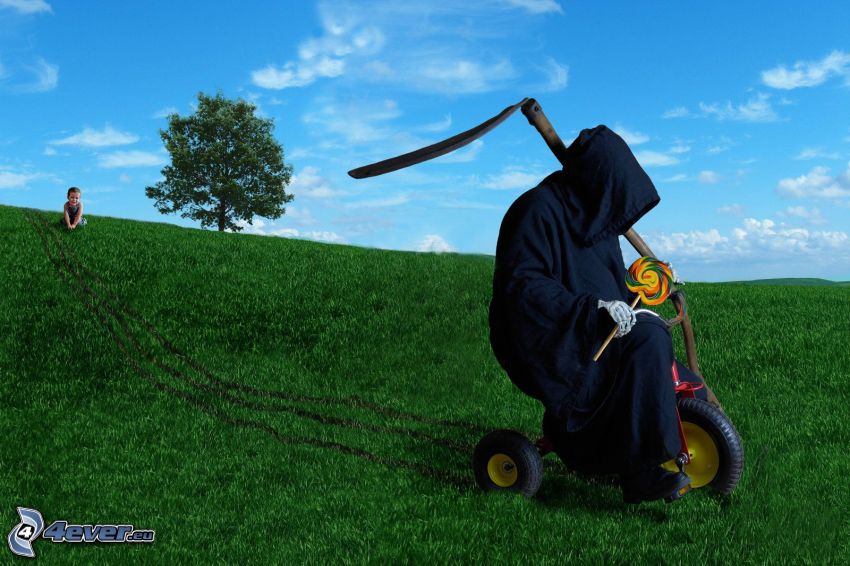 Grim Reaper, lollipop, tricycle, meadow, lonely tree