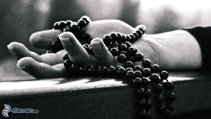 hand, necklace, black and white photo