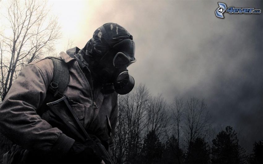 man in gas mask, forest
